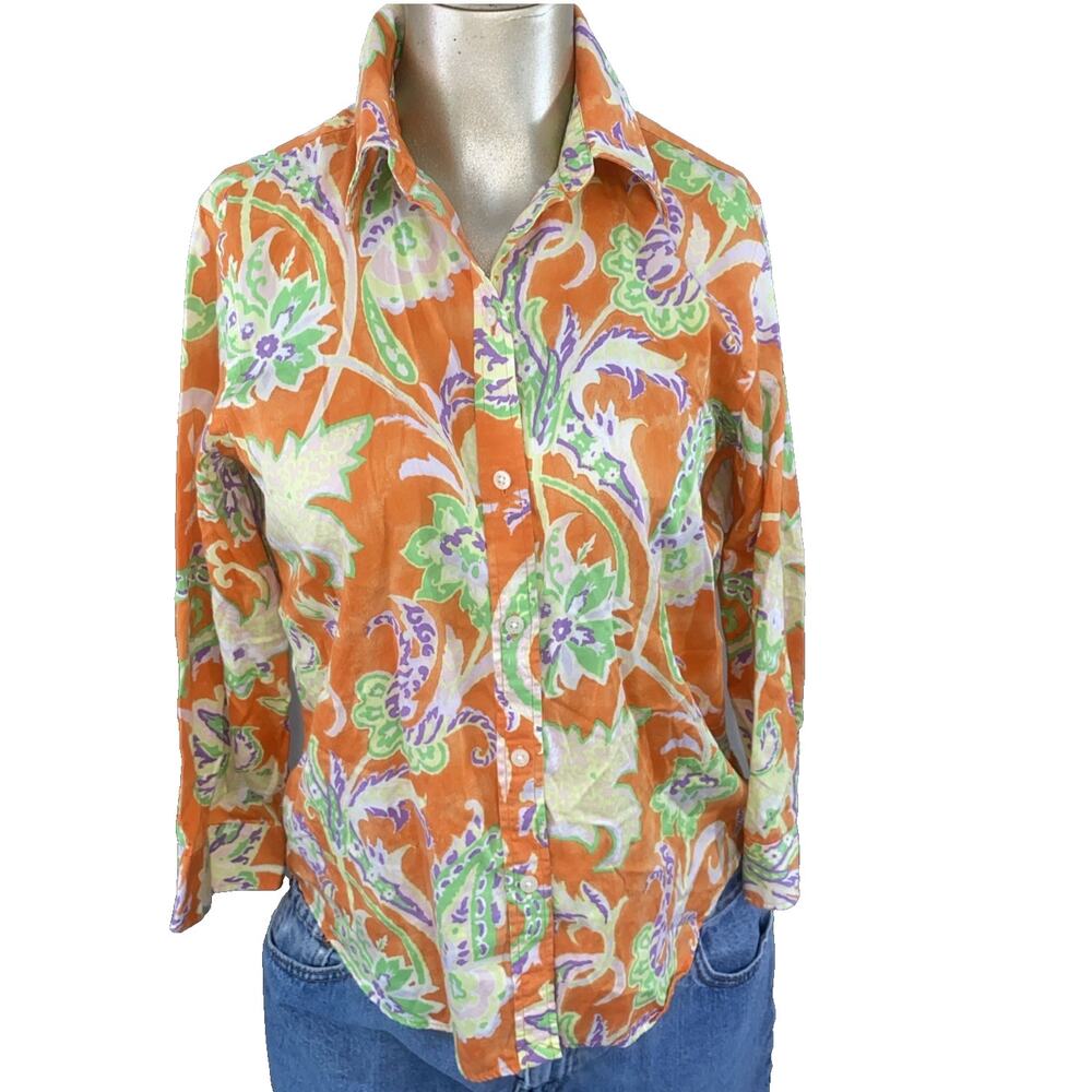 Lauren Ralph Lauren Petite PM/M Orange Paisley Floral Cotton Button Down Shirt